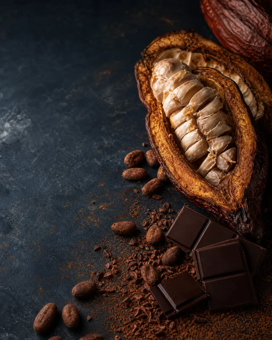Open cacao pod, beans and artisanal dark chocolate