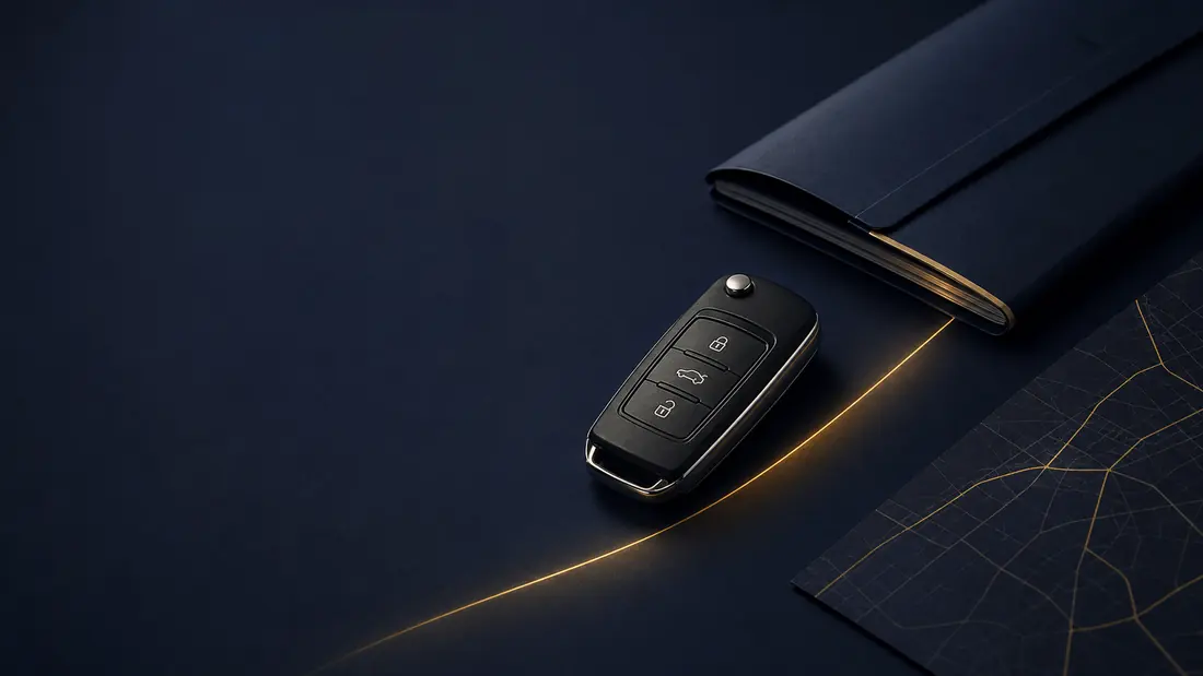 Car key and insurance contract on a deep navy background